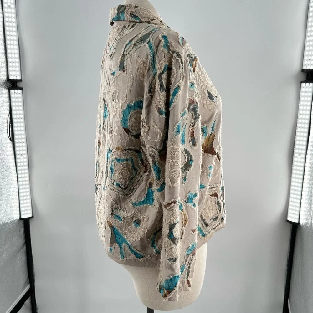 Coldwater Creek blazer size 16 tan blue embroidered floral coastal granny - Picture 3 of 9